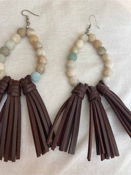 Jewelry - Beaded Dangle Earrings with Brown Faux Leather Tassel